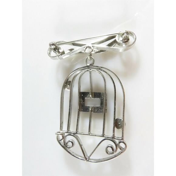 Unique Integrity Sterling Silver Rhinestone Bird Cage Brooch - Picture 5 of 9